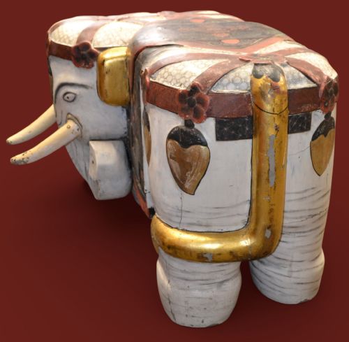 DECORATIVE ASIAN ELEPHANT SEATS SCULPTED BODY AND TUSKS IN WOOD - ADDITIONAL PHOTO 2