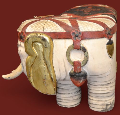 DECORATIVE ASIAN ELEPHANT SEATS SCULPTED BODY AND TUSKS IN WOOD - ADDITIONAL PHOTO 5