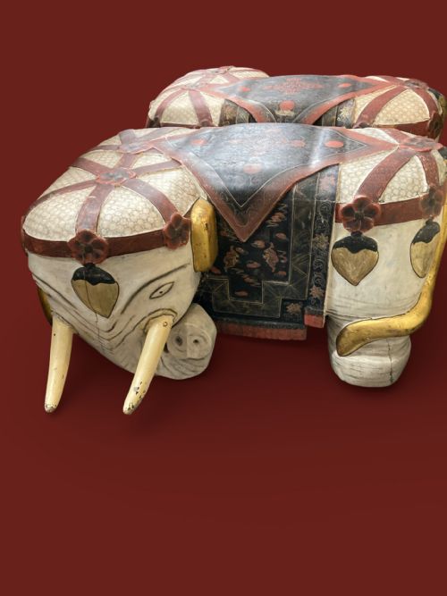 DECORATIVE ASIAN ELEPHANT SEATS SCULPTED BODY AND TUSKS IN WOOD - ADDITIONAL PHOTO 9
