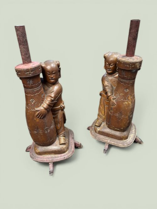 Pair of Oriental Carved Wood Parasol Bases