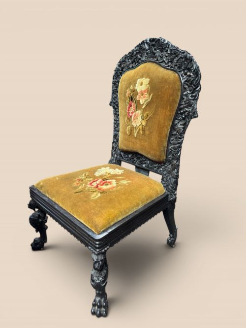 Late 19th‑century Indian Ebony Chair – Finely Carved & Richly Decorated