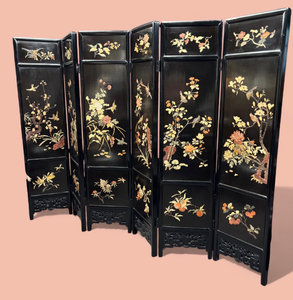 Oriental Inspired Decorative Six Panel Lacquered Screen with Inlay