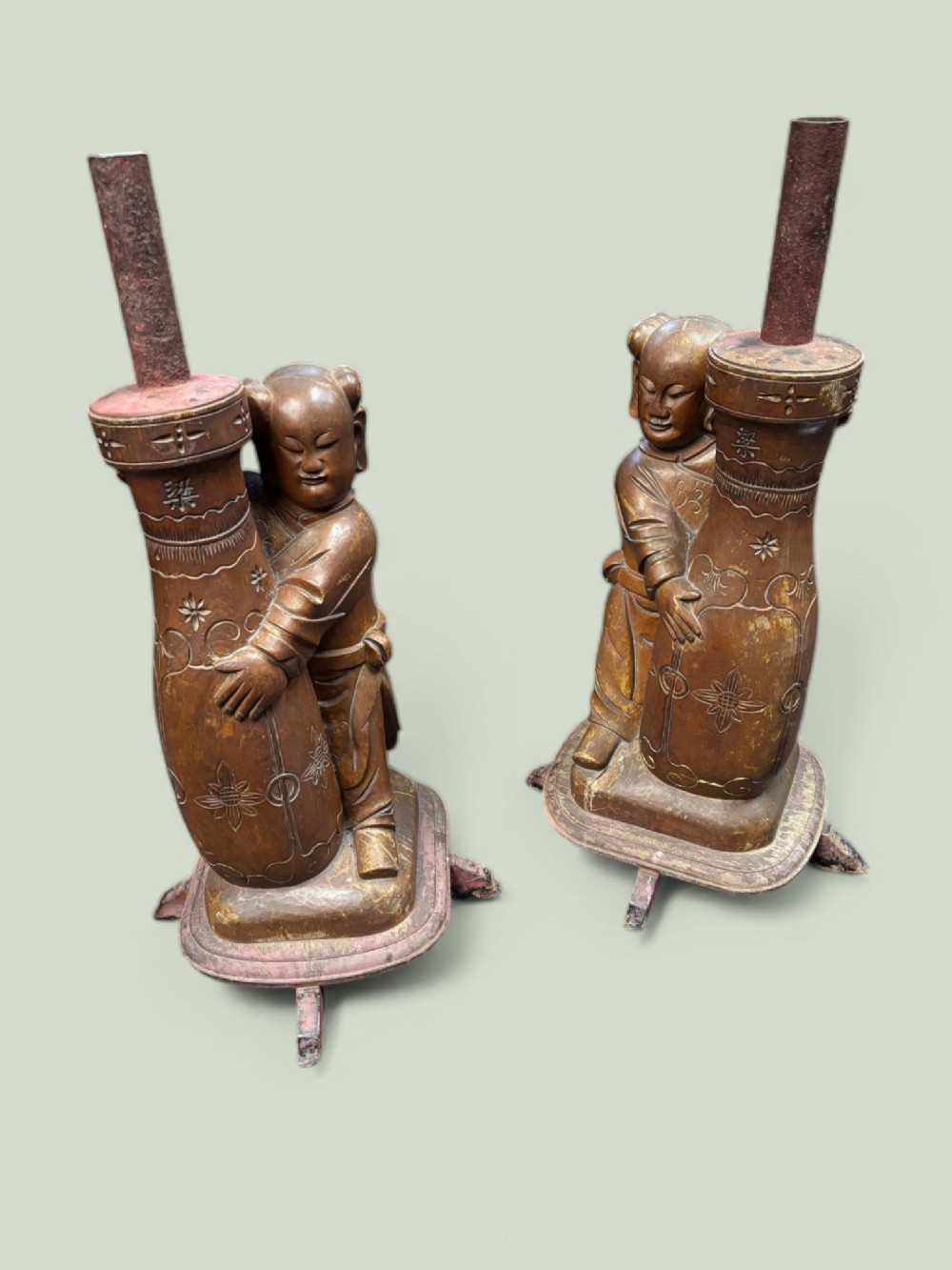 Pair of Oriental Carved Wood Parasol Bases