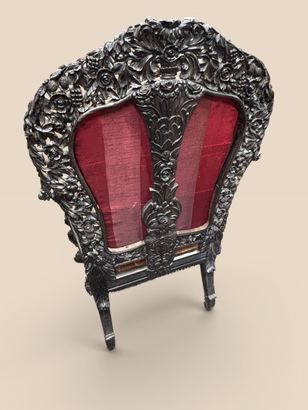 Late 19th-century Anglo-Indian ebony side chair featuring intricate hand-carved floral backrest detailing and floral needlepoint velvet seat. View III