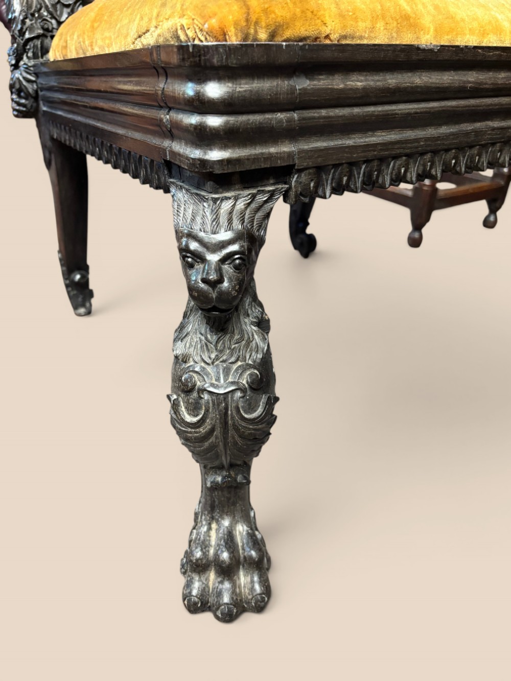Late 19th-century Anglo-Indian ebony side chair featuring intricate hand-carved floral backrest detailing and floral needlepoint velvet seat. View VI