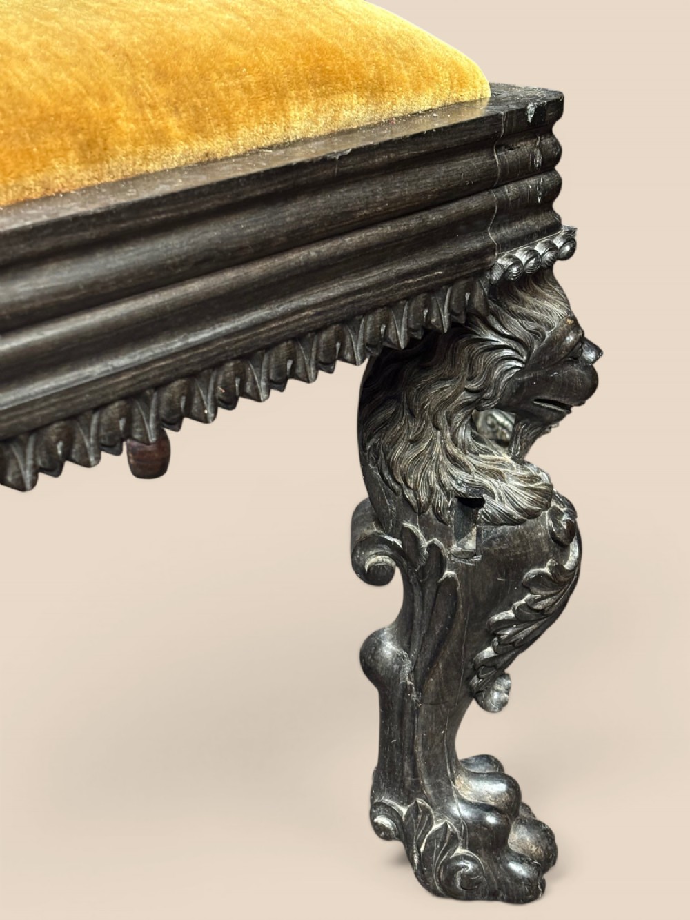 Late 19th-century Anglo-Indian ebony side chair featuring intricate hand-carved floral backrest detailing and floral needlepoint velvet seat. View VII