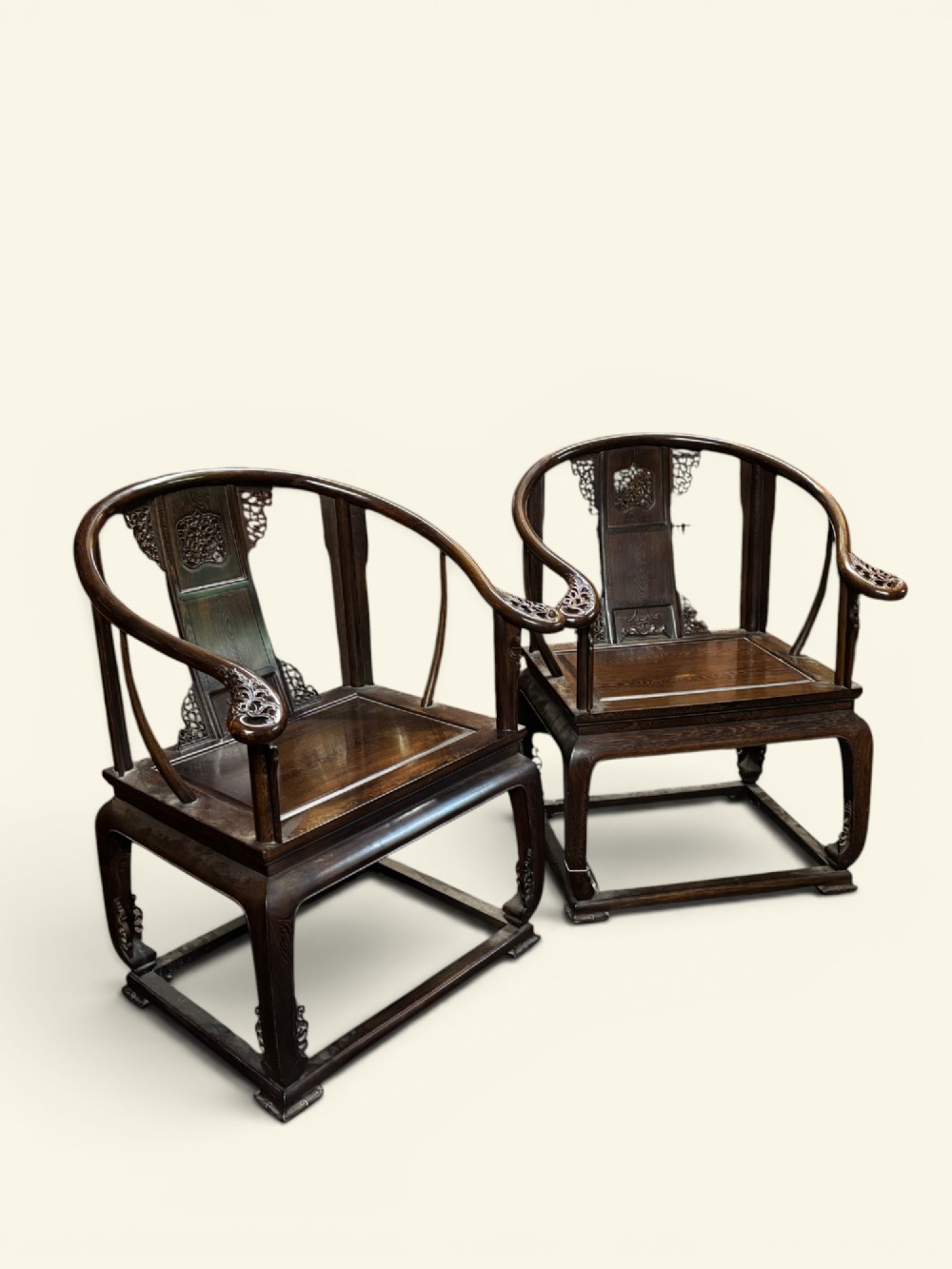 Pair of Chinese Hardwood Horseshoe‑Back Armchairs – Circa 1900