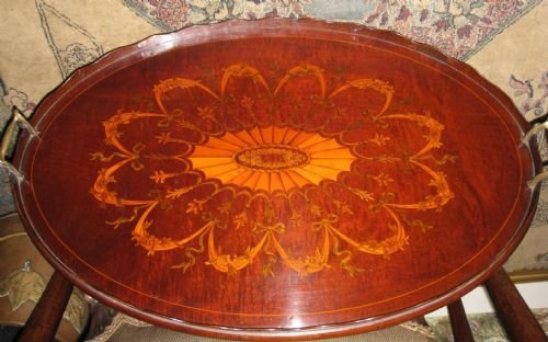 Large Mahogany Marquetry Oval Tray