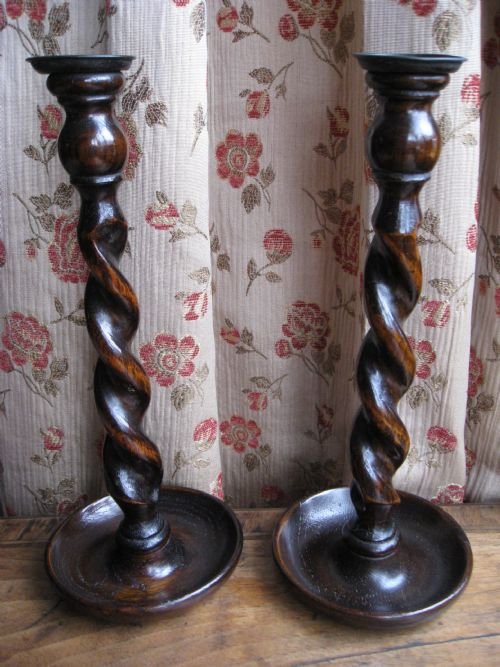 Pair of Oak Barley Twist Candlesticks