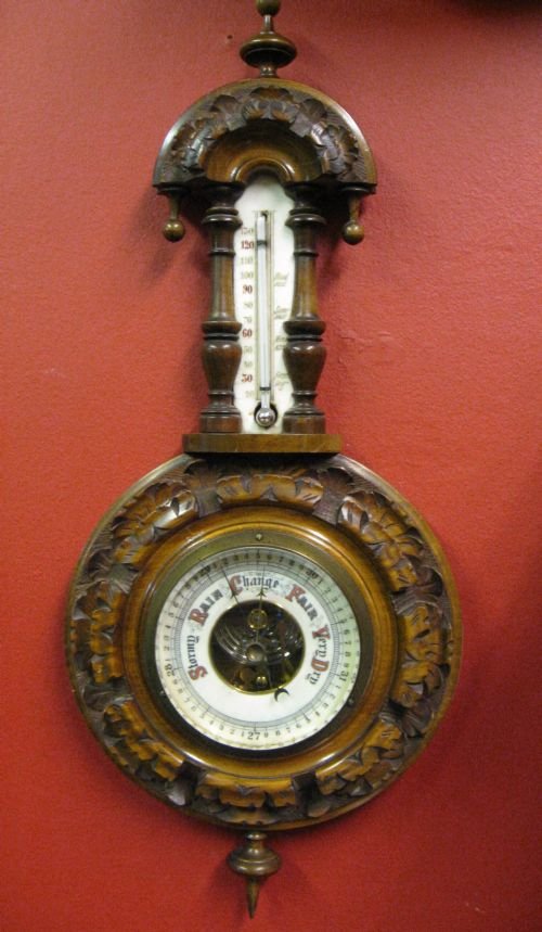 Carved Oak Aneroid Barometer
