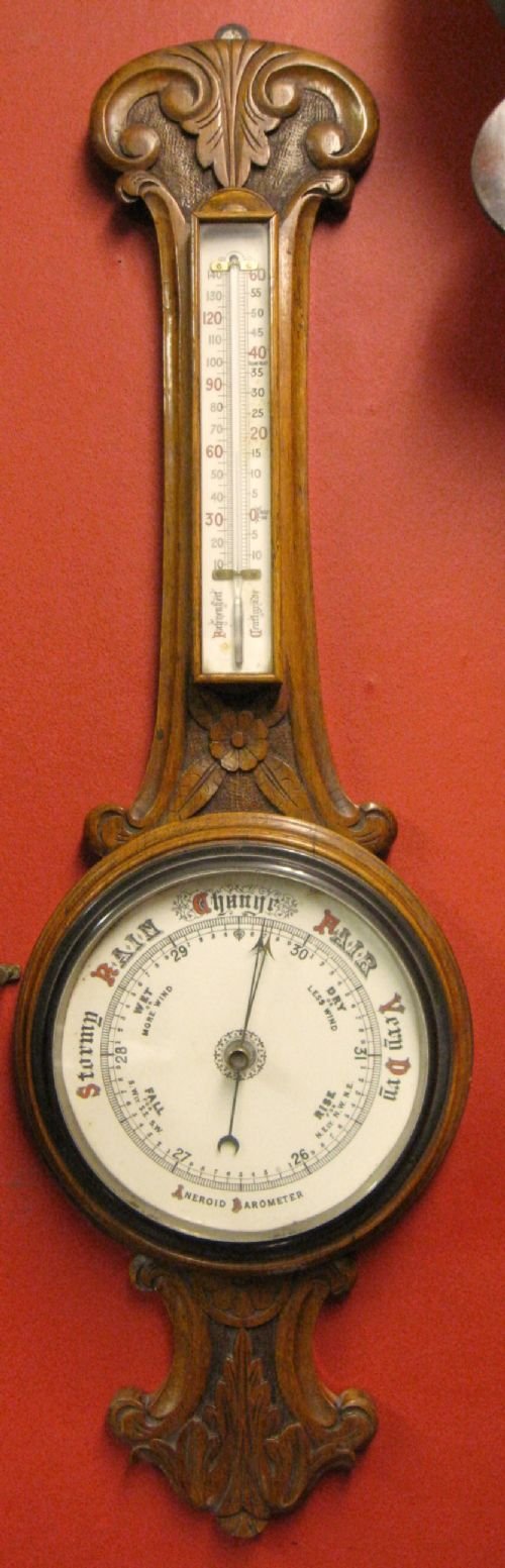 Carved Oak Aneroid Barometer