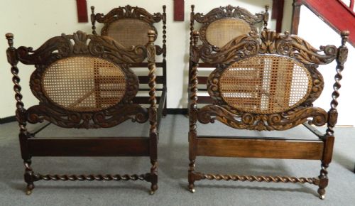 Druce & Co Pair of Carved Oak Beds