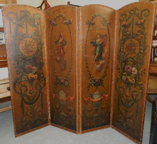 Four Fold Painted Leather Room Screen