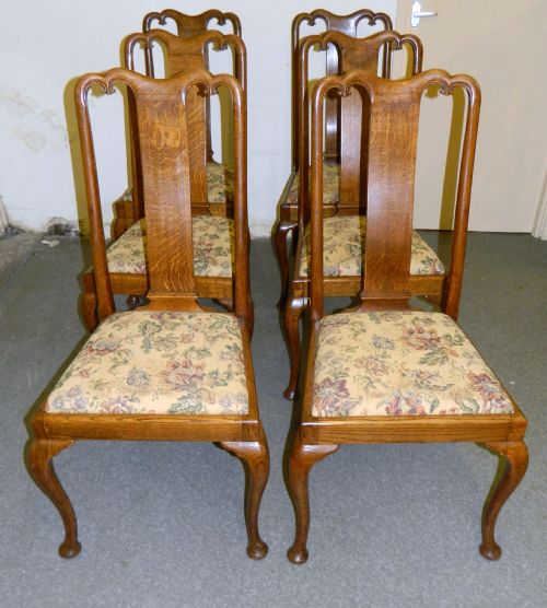 Set of Six Oak Queen Anne Dining Chairs