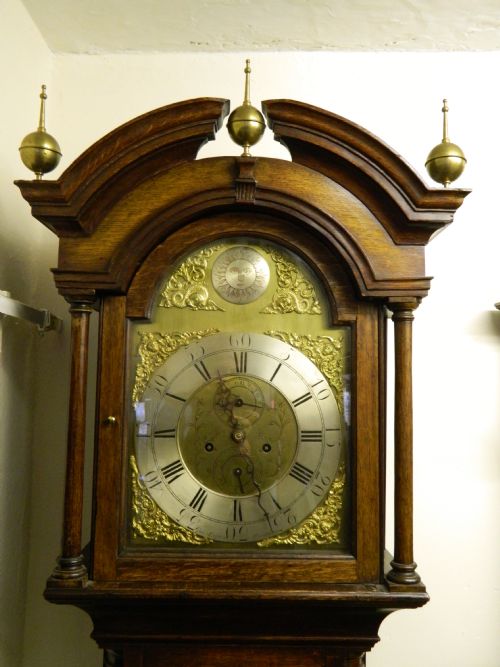 fig 1. brass face 8 day oak grandfather clock