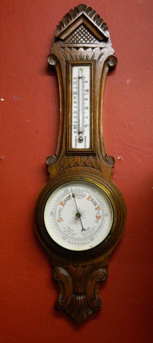 Carved Oak Aneroid Barometer