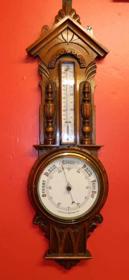 Large Carved Oak Aneroid Barometer