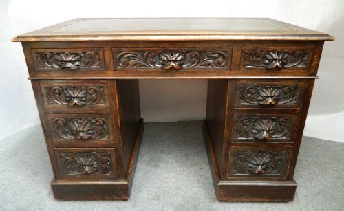 Green Man Carved Oak Pedestal Desk