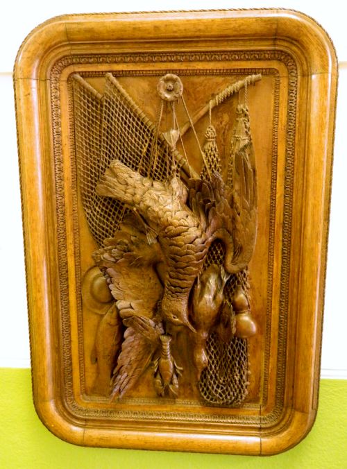 Carved Oak Wall Plaque - Hunting / Fishing Theme