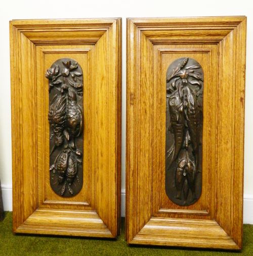 Pair of Large Bronze Wall Plaques - Hunting / Fishing Theme