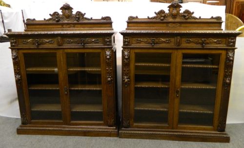 Pair of Carved Oak Bookcases