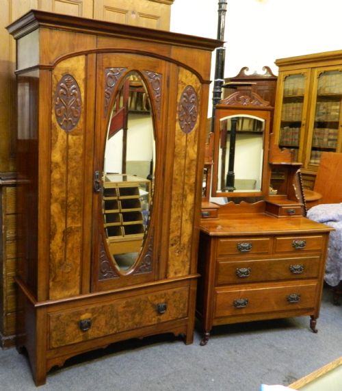 Art Nouveau Walnut Wardrobe & Dressing Table