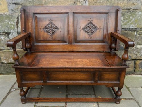 Carved Oak Monks Bench