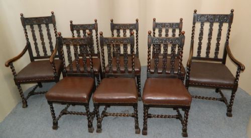 Set of Eight Carved Oak Dining Chairs