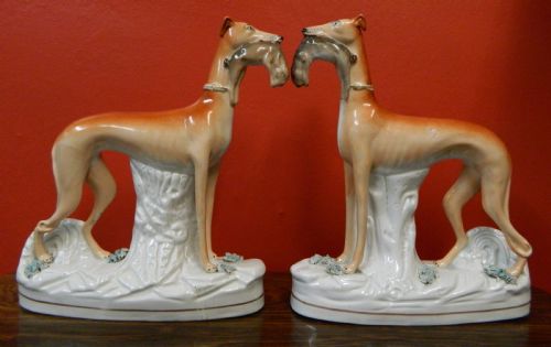 Tall Pair of Staffordshire Greyhounds with Rabbits / Hares
