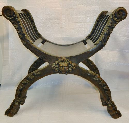 Carved Oak X Frame Stool