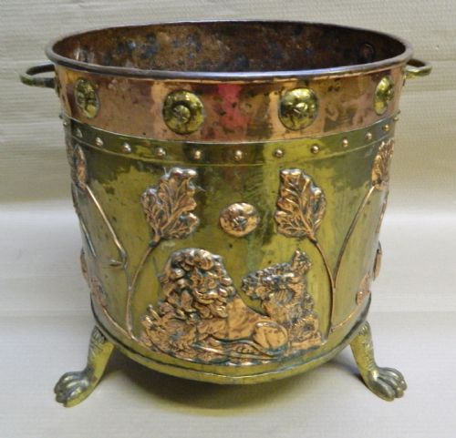 Arts & Crafts Brass and Copper Log Bin