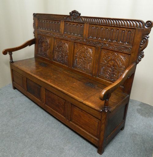 Large Carved Oak Box Settle / Bench