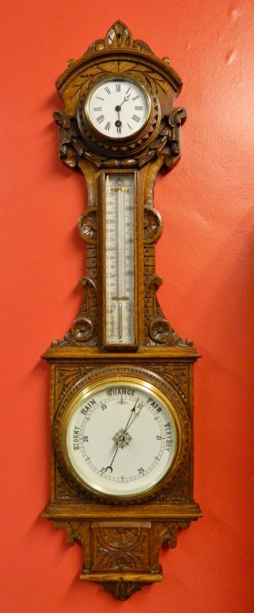 Large Carved Oak Barometer / Clock