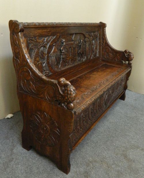 Unusual Carved Oak Settle / Bench