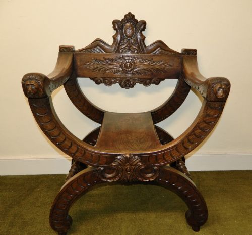 Carved Oak Savonarola Chair / Throne Chair