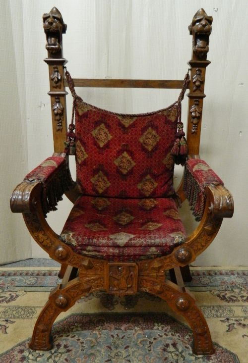 Gothic Carved Oak 'Throne' Chair / X Frame Chair