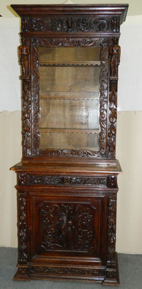 Carved Oak Bookcase Cabinet