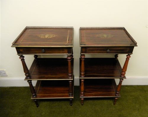 Pair of Goncalo Alves Etageres with Brass Inlay