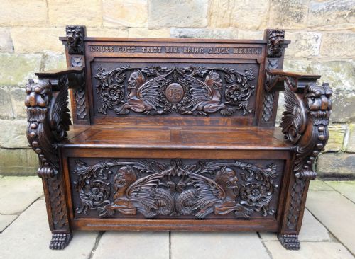 Exceptional Carved Black Forest Settle / Bench
