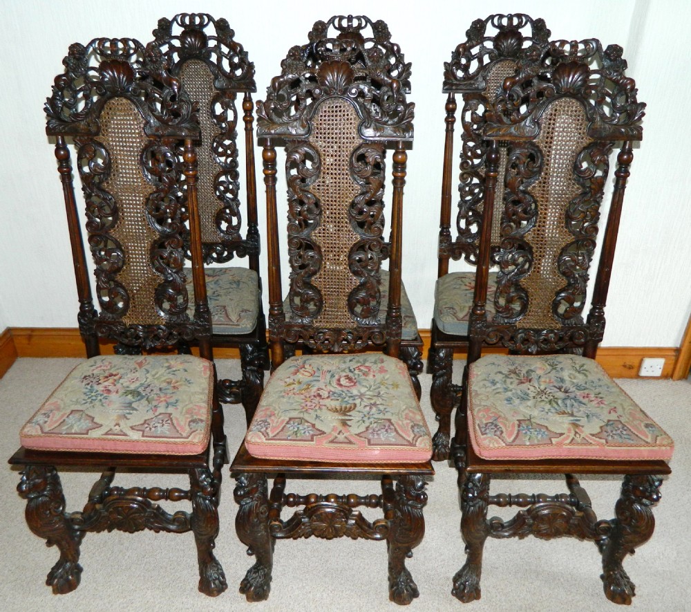 set of six carved walnut chairs