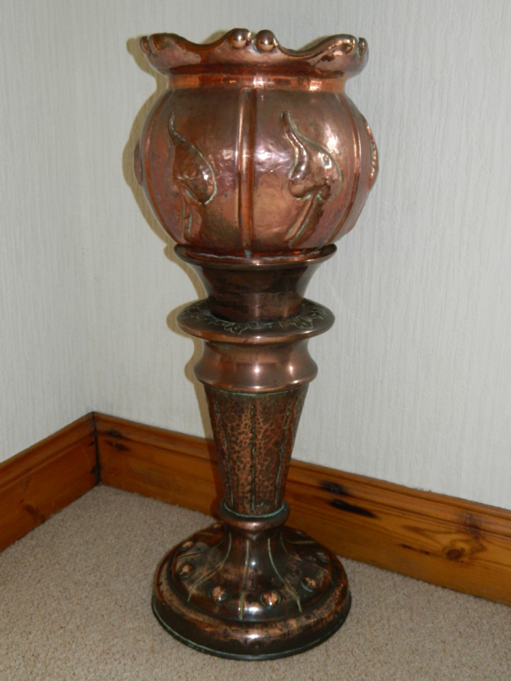 arts & crafts copper jardiniere on stand
