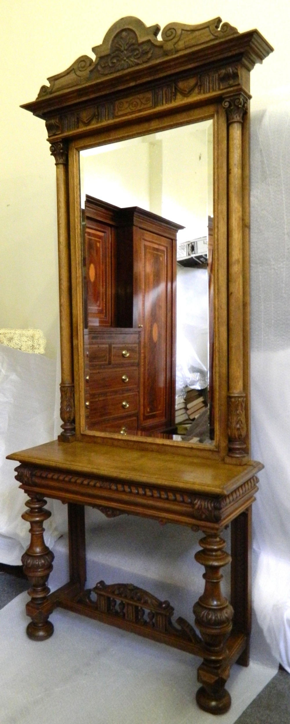 oak console table and mirror