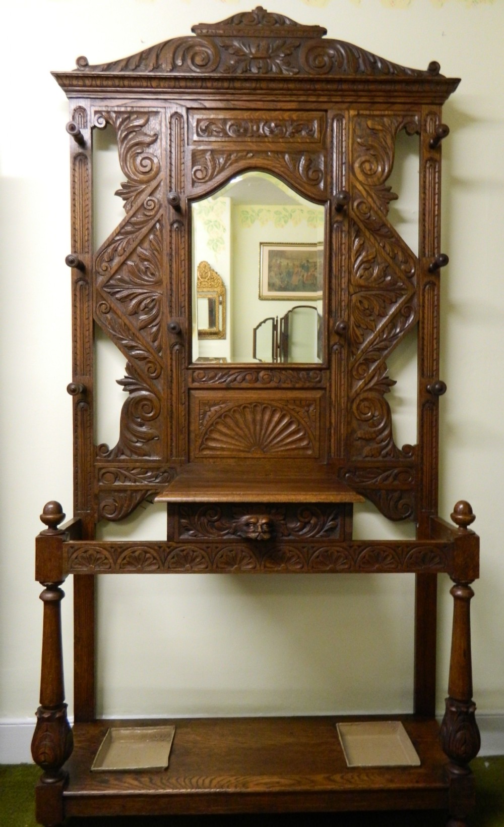carved oak green man hall stand