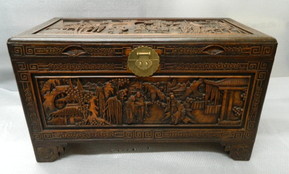 oriental carved camphor wood trunk