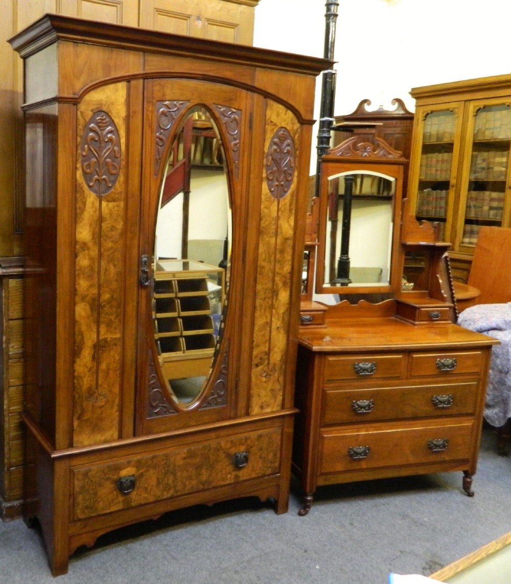 art nouveau walnut wardrobe & dressing table