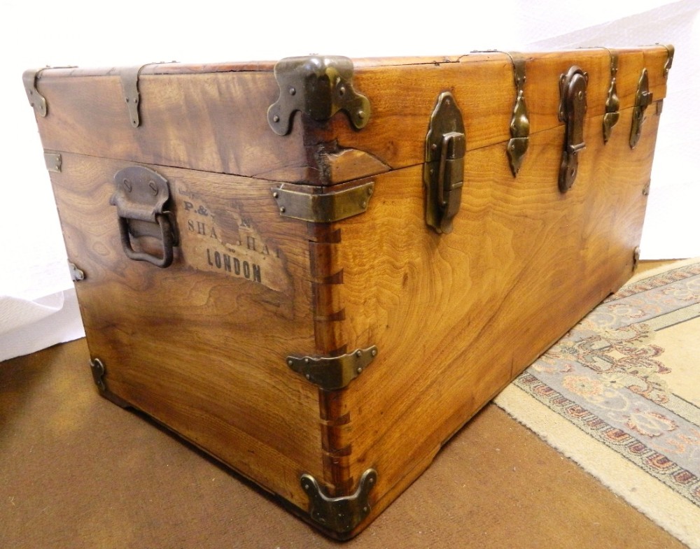 brass bound camphor wood travelling trunk - P&OSN Co labels