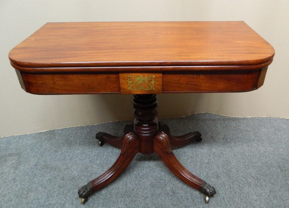 Regency mahogany and rosewood brass inlaid tea table