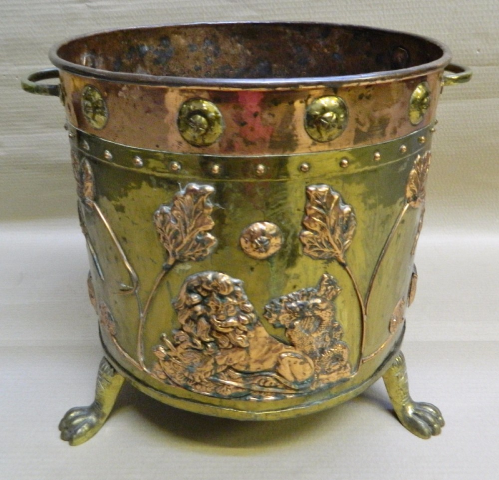 Arts & Crafts brass and copper log bin