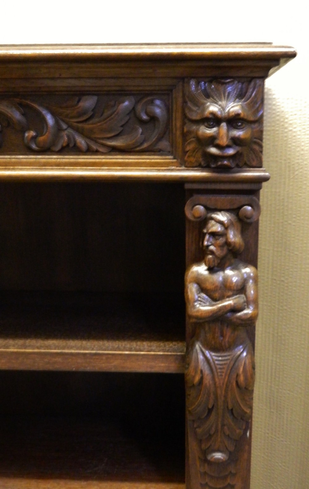carved oak green man bookcase View III