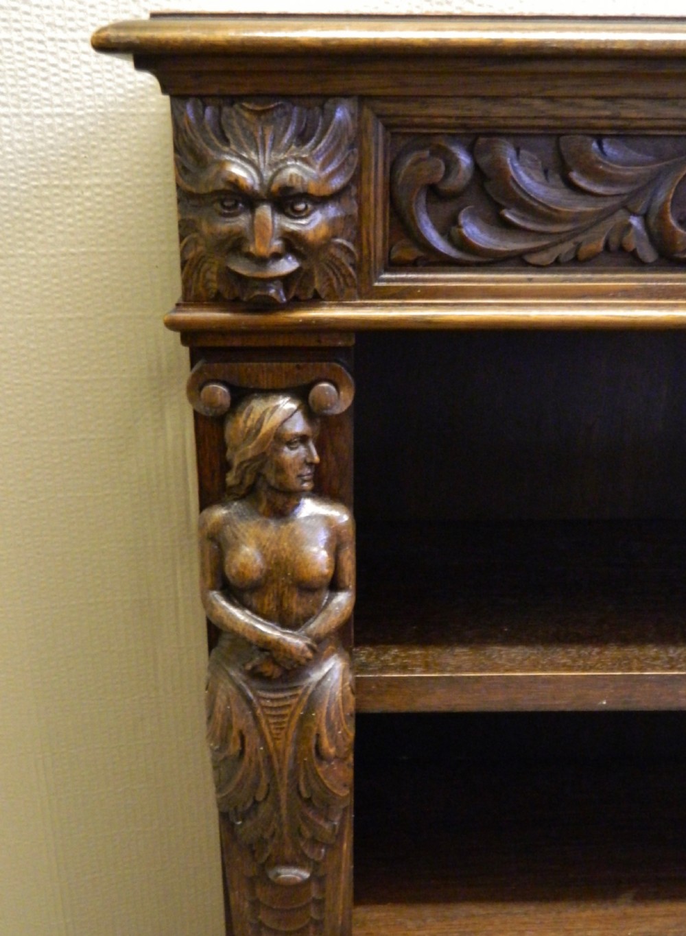 carved oak green man bookcase View IV